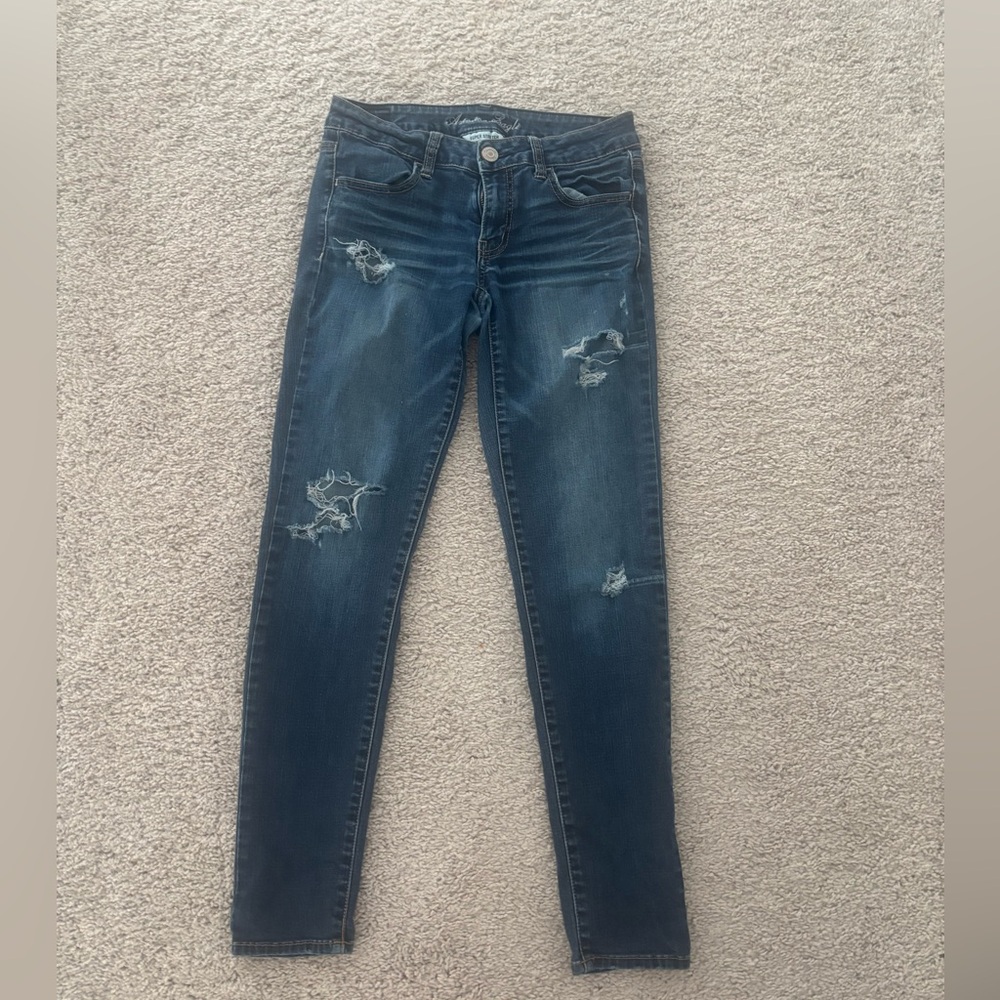 American Eagle Outfitters Blue Skinny Jeans with Distressed Details